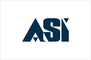 A blue and white logo of asi