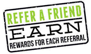 A green banner with the words refer a friend earn.